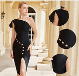TESSA asymmetric slit black dress