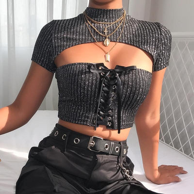 Laced-up turtleneck crop top