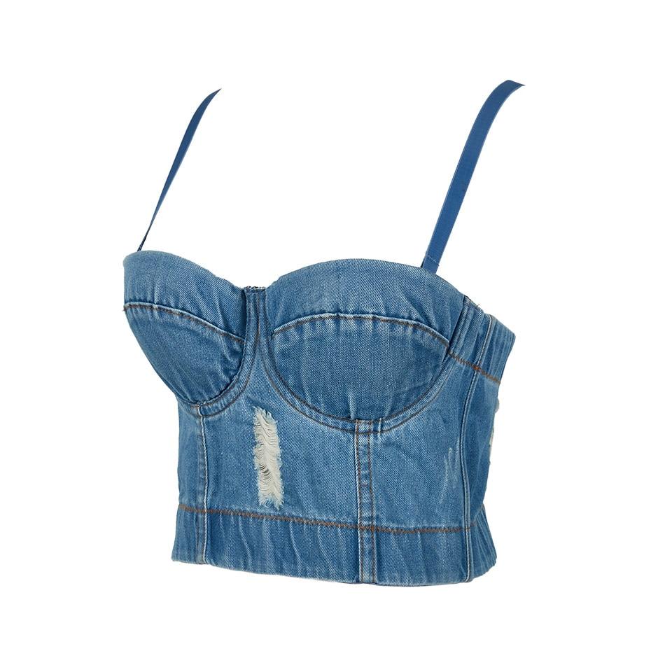 Ripped denim strapped crop top