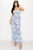 Primetime Looks-Tropical Leaf Print Tie Waist Jumpsuit