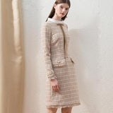 Primetime Looks-Tweed plaid fringe skirt suit