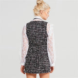 Primetime Looks-Tweed plaid mini dress and white lace shirt suit