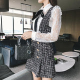 Primetime Looks-Tweed plaid mini dress and white lace shirt suit