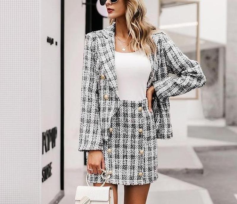 Primetime Looks-Tweed plaid skirt suit