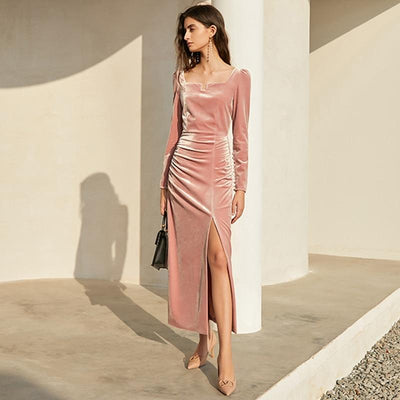 Vivian Shirred Midi Slit Dress