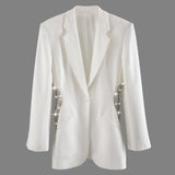 Primetime Looks-White Rhinestones Hollow Out Blazer
