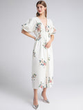 ZANE Puff Deep V-Neck Elastic Waist Dress