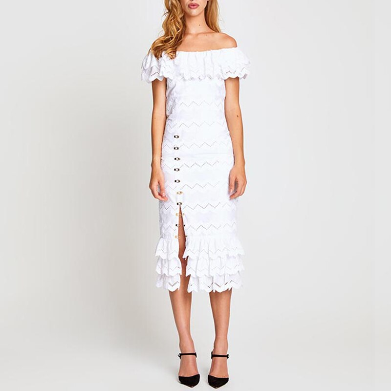 Elise Off-Shoulder ruffled midi dress in white