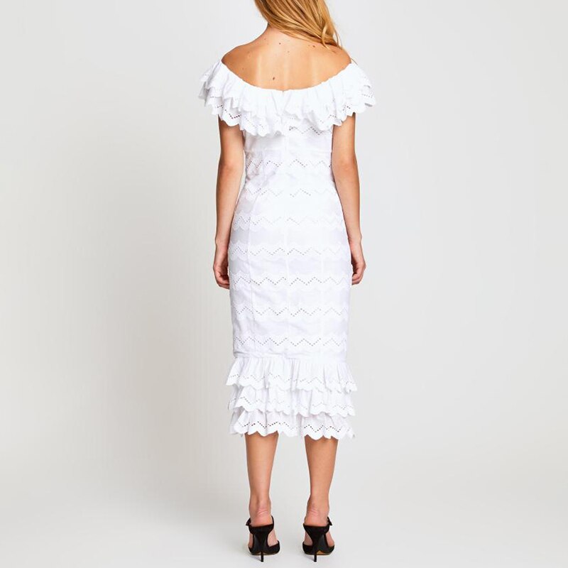 Elise Off-Shoulder ruffled midi dress in white