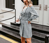 Off-shoulder double-breasted belted midi dress