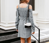 Off-shoulder double-breasted belted midi dress