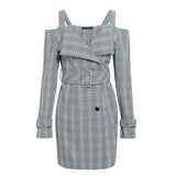 Off-shoulder double-breasted belted midi dress