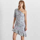 Arya one-sleeve asymmetric ruffled mini dress in blue