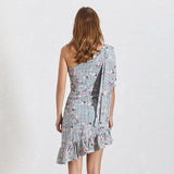 Arya one-sleeve asymmetric ruffled mini dress in blue