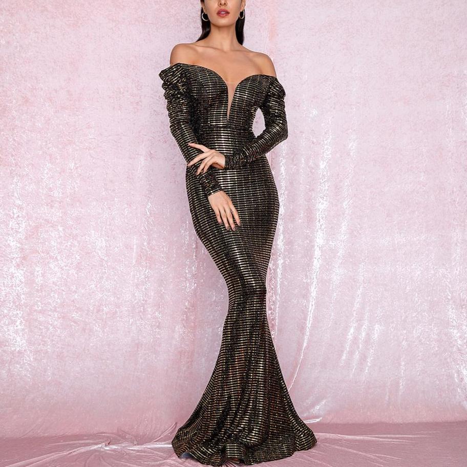 MORTICIA off-shoulder sequinned gown