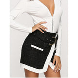 Block Lacing Buckled Tweed Skirt