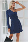 SLOANE striped one-shoulder navy blue dress