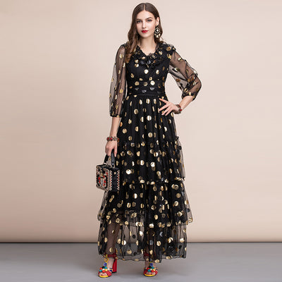 Golden Polka dot maxi mesh dress