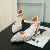 Plaid tweed buckled heels