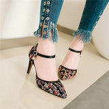 Plaid tweed buckled heels