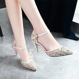 Plaid tweed buckled heels