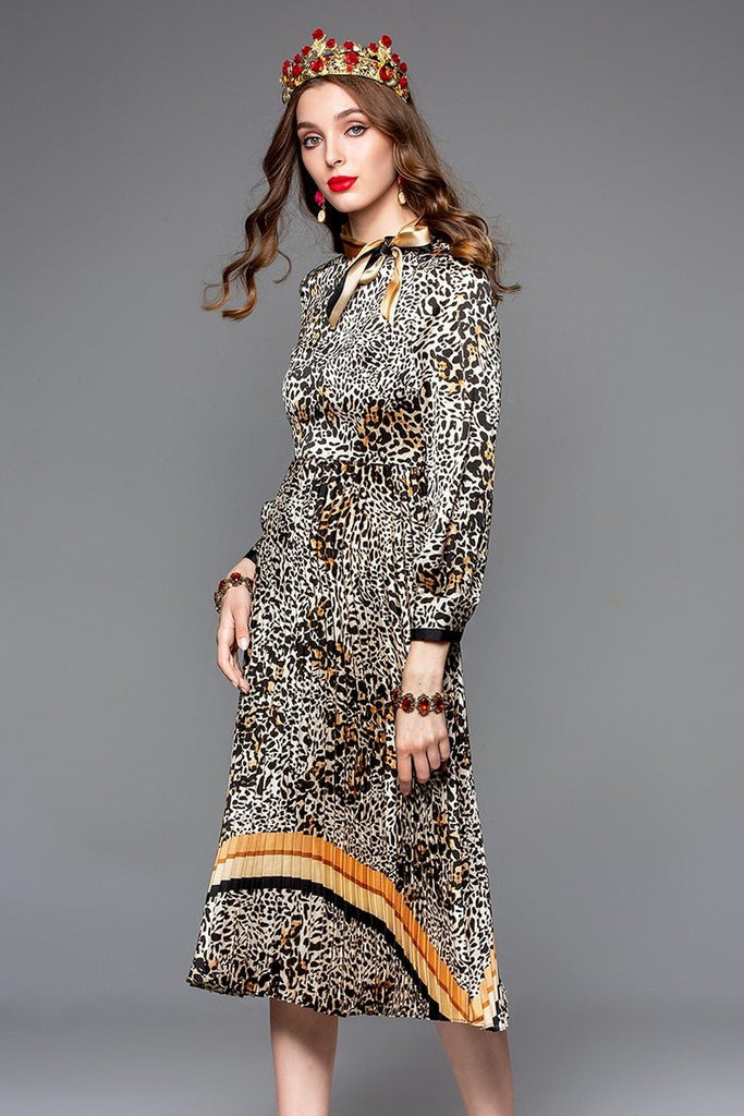 Leopard print pleated midi dress