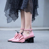 Pink ruffled square heels