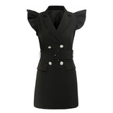 Butterfly shoulder double-breasted mini dress