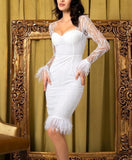 THANDY feathered mesh midi dress in white