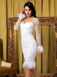 THANDY feathered mesh midi dress in white