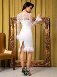 THANDY feathered mesh midi dress in white