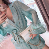 Belted organza tunic with feathers