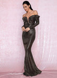 MORTICIA off-shoulder sequinned gown