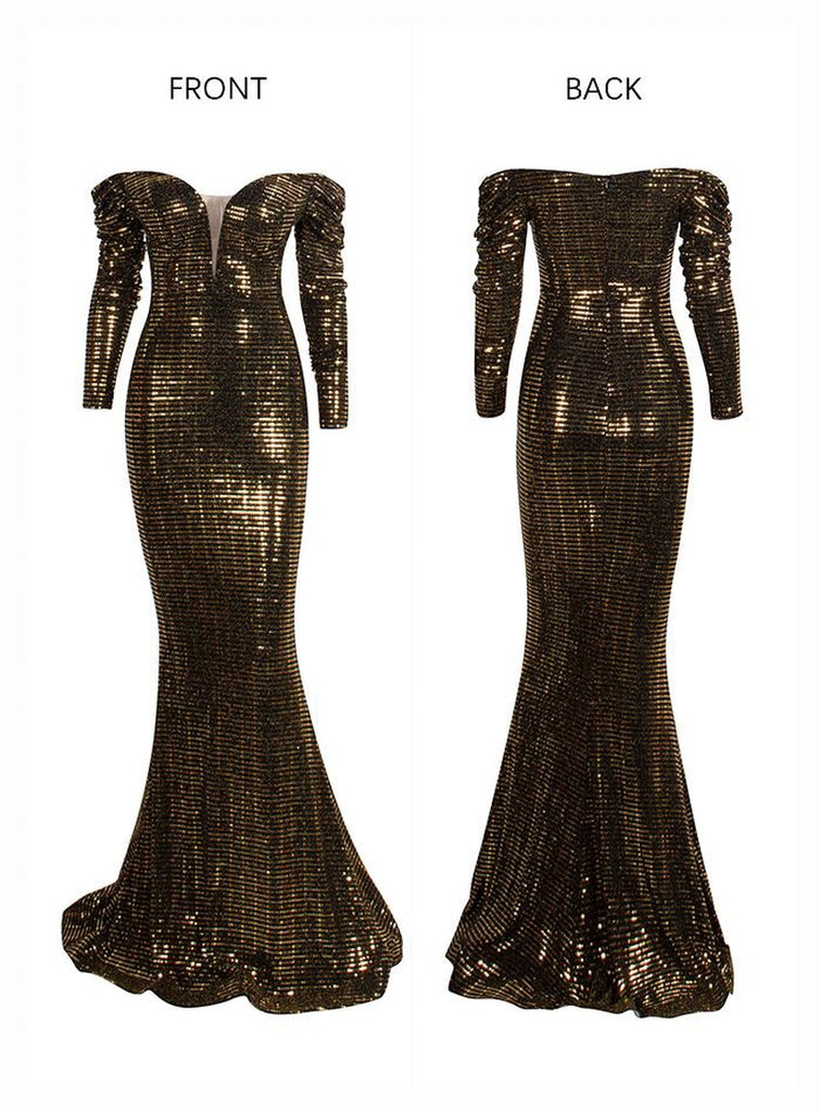 MORTICIA off-shoulder sequinned gown