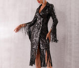 Double-breasted fringe sequinned dress