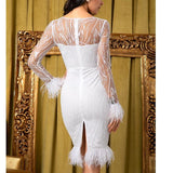 THANDY feathered mesh midi dress in white