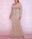 Off-shoulder sequinned golden gown