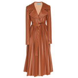 Pleated belted faux leather coat