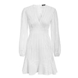 V-neck flare white mini dress