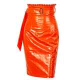 High-waist belted midi pencil skirt in orange