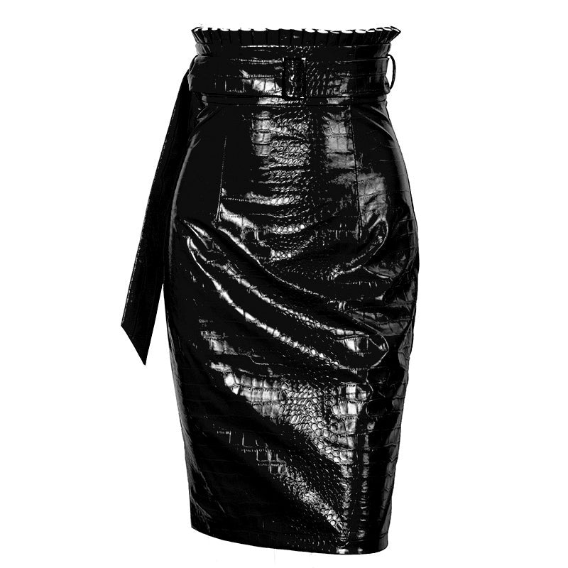 High-waist belted midi skirt in black
