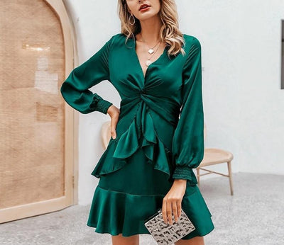Lantern sleeve ruffled teal mini dress