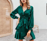 Lantern sleeve ruffled teal mini dress