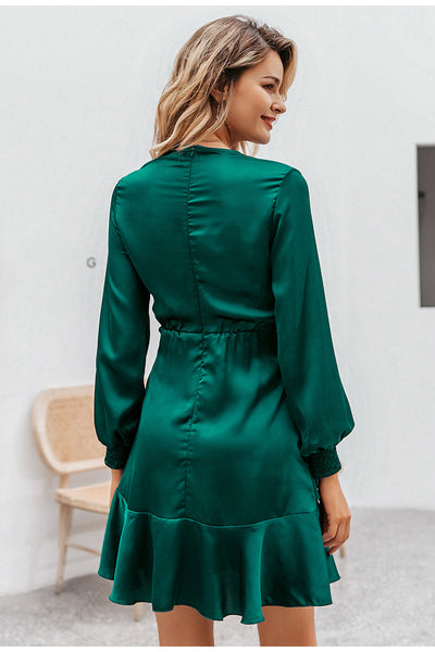 Lantern sleeve ruffled teal mini dress