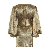 Golden Lady V-Neck lantern sleeve mini dress