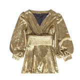 Golden Lady V-Neck lantern sleeve mini dress