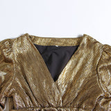 Golden Lady V-Neck lantern sleeve mini dress
