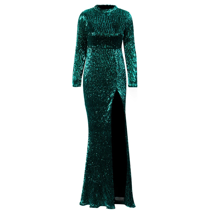 Aquamarine turtleneck slit lurex gown