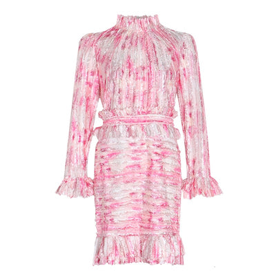 Floral ruched stand collar mini dress