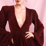 Lantern-sleeved dark red leopard mini dress